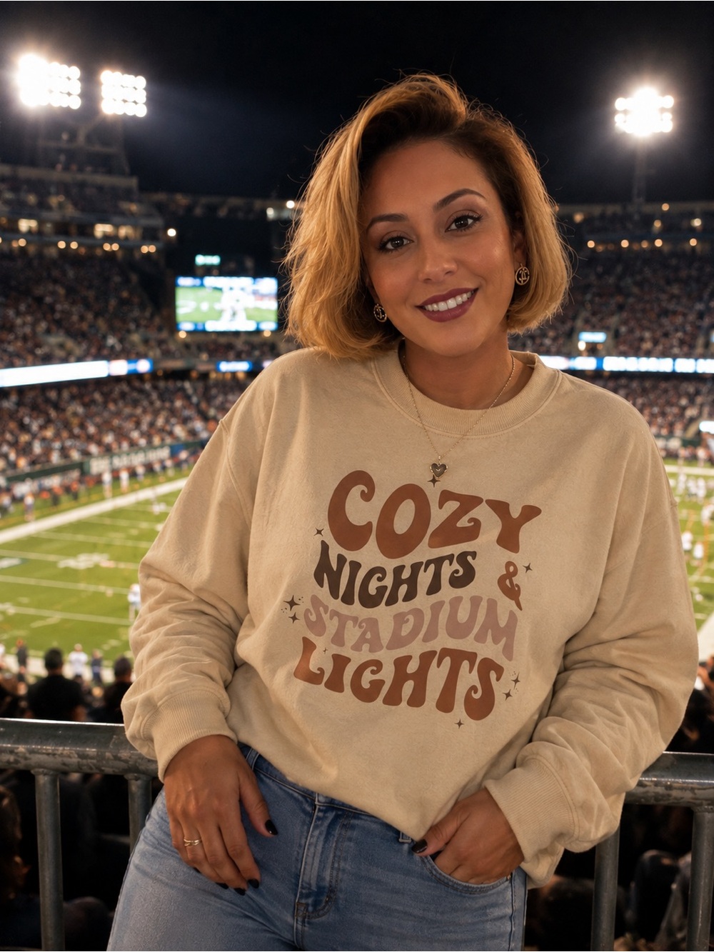 Gildan Beige 'Cozy Nights & Stadium Lights' Graphic Crewneck